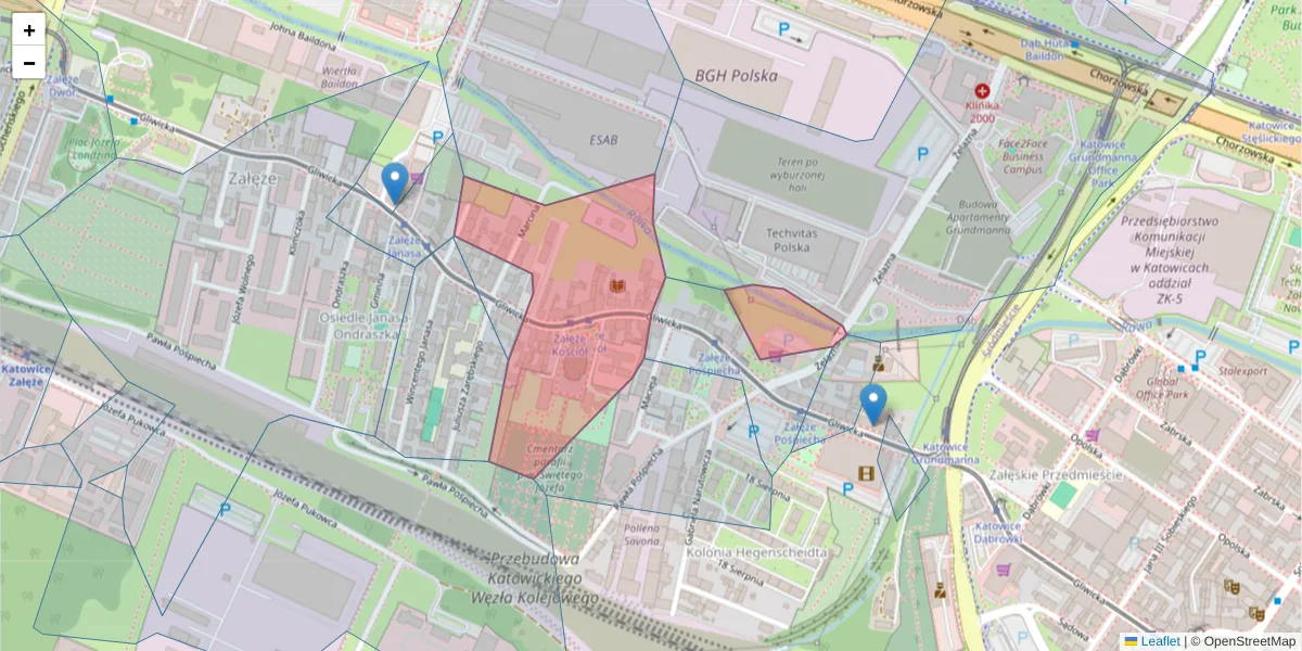 Szczegółowa mapa kodu pocztowego 40-854 z granicami, sąsiednimi kodami pocztowymi i urzędami pocztowymi