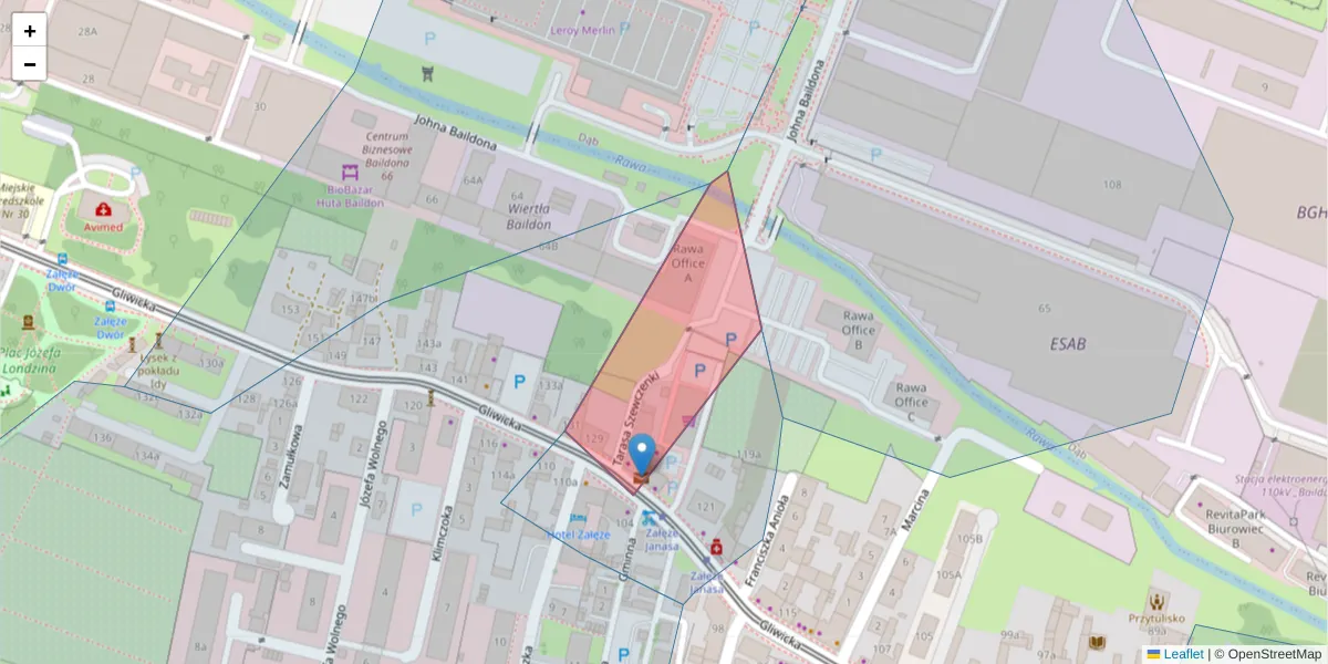 Szczegółowa mapa kodu pocztowego 40-856 z granicami, sąsiednimi kodami pocztowymi i urzędami pocztowymi