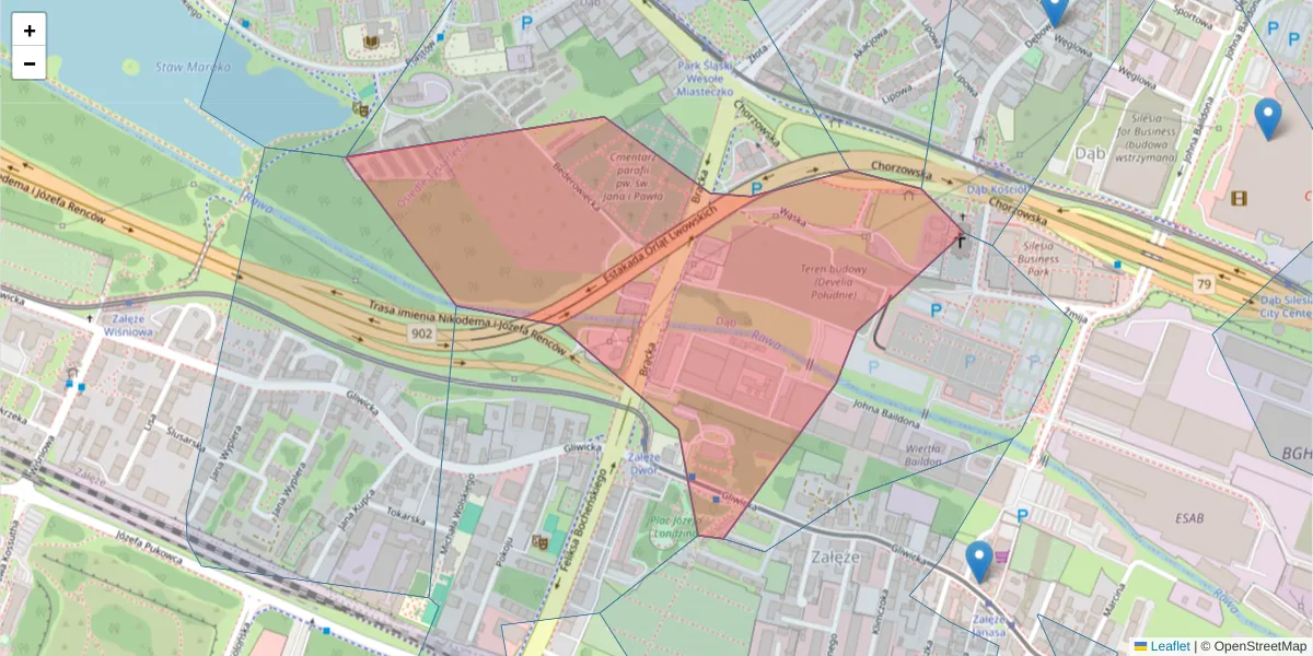 Szczegółowa mapa kodu pocztowego 40-858 z granicami, sąsiednimi kodami pocztowymi i urzędami pocztowymi