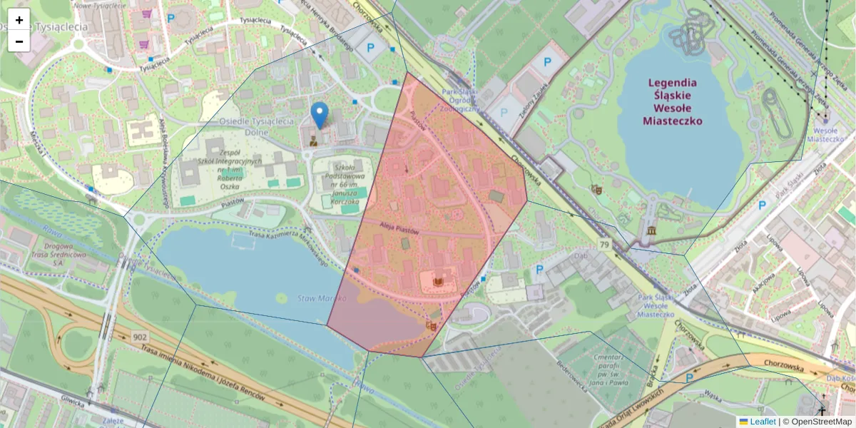 Szczegółowa mapa kodu pocztowego 40-868 z granicami, sąsiednimi kodami pocztowymi i urzędami pocztowymi