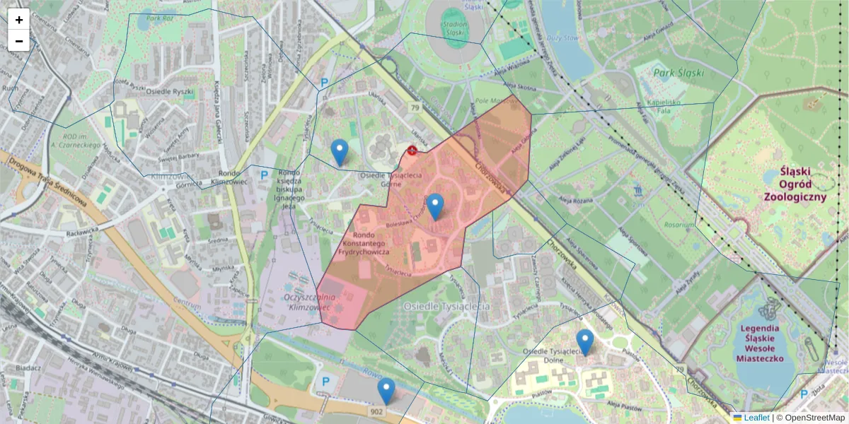 Szczegółowa mapa kodu pocztowego 40-881 z granicami, sąsiednimi kodami pocztowymi i urzędami pocztowymi