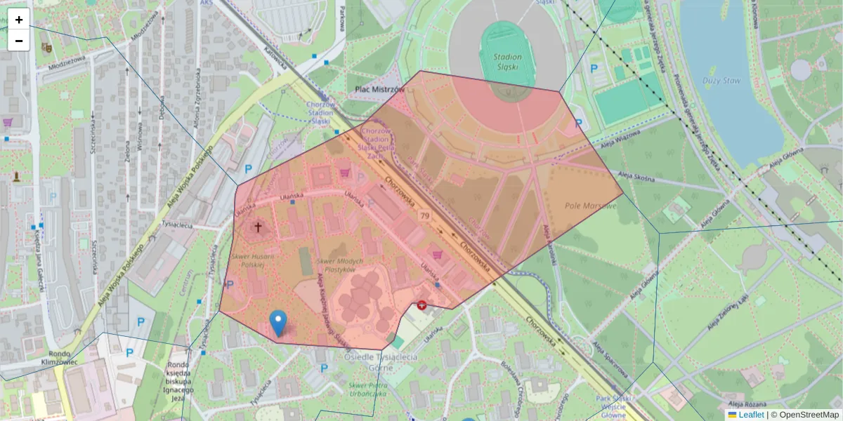 Szczegółowa mapa kodu pocztowego 40-887 z granicami, sąsiednimi kodami pocztowymi i urzędami pocztowymi