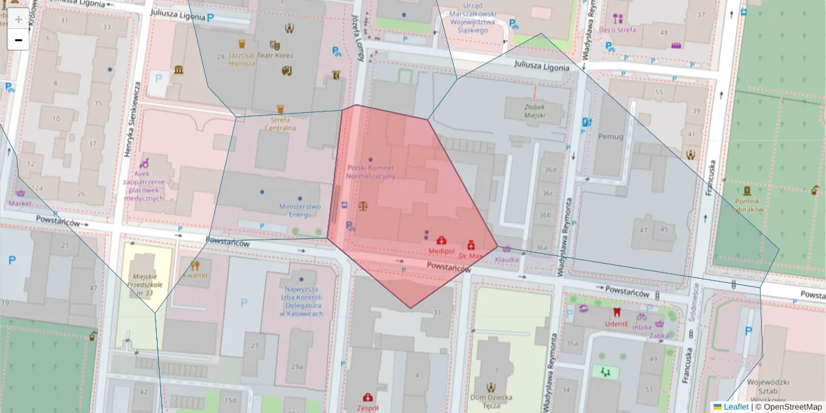 Szczegółowa mapa kodu pocztowego 40-955 z granicami, sąsiednimi kodami pocztowymi i urzędami pocztowymi