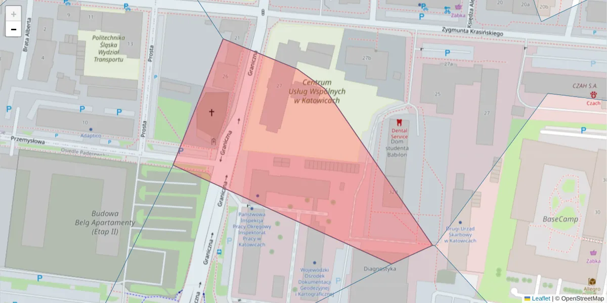 Szczegółowa mapa kodu pocztowego 40-956 z granicami, sąsiednimi kodami pocztowymi i urzędami pocztowymi