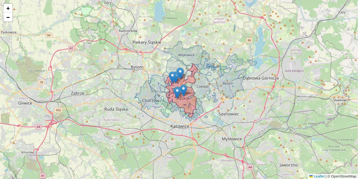 Szczegółowa mapa kodu pocztowego 41-100 z granicami, sąsiednimi kodami pocztowymi i urzędami pocztowymi