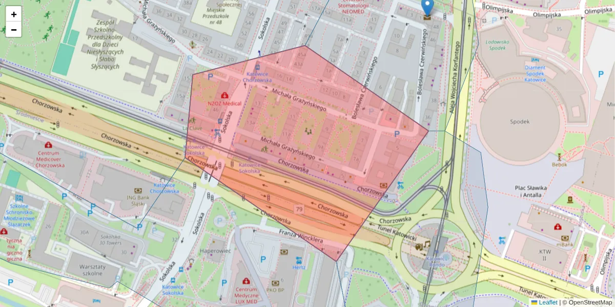 Szczegółowa mapa kodu pocztowego 41-101 z granicami, sąsiednimi kodami pocztowymi i urzędami pocztowymi