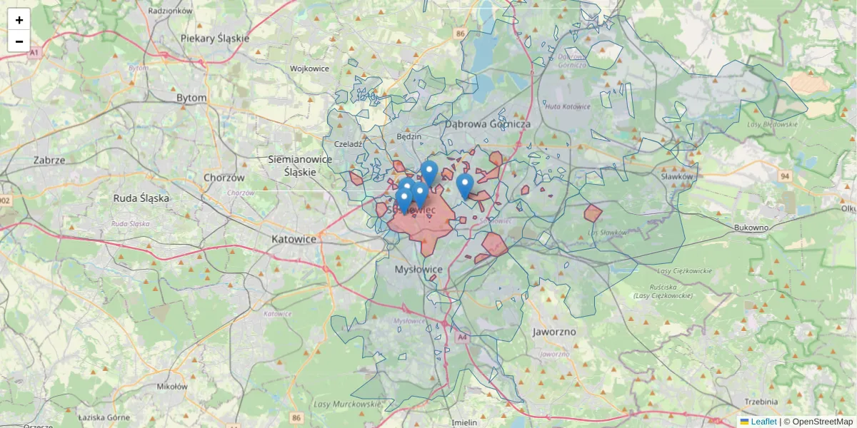 Szczegółowa mapa kodu pocztowego 41-200 z granicami, sąsiednimi kodami pocztowymi i urzędami pocztowymi