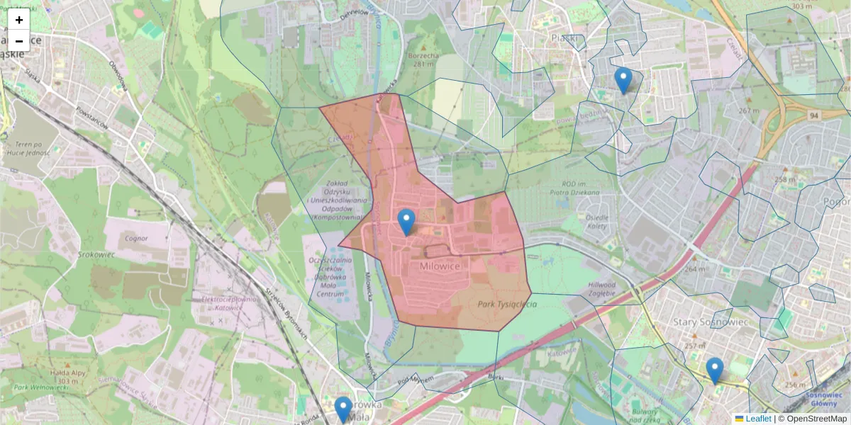 Szczegółowa mapa kodu pocztowego 41-203 z granicami, sąsiednimi kodami pocztowymi i urzędami pocztowymi