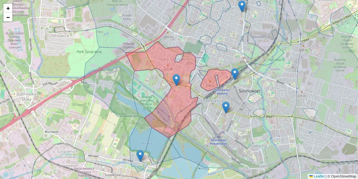Szczegółowa mapa kodu pocztowego 41-209 z granicami, sąsiednimi kodami pocztowymi i urzędami pocztowymi