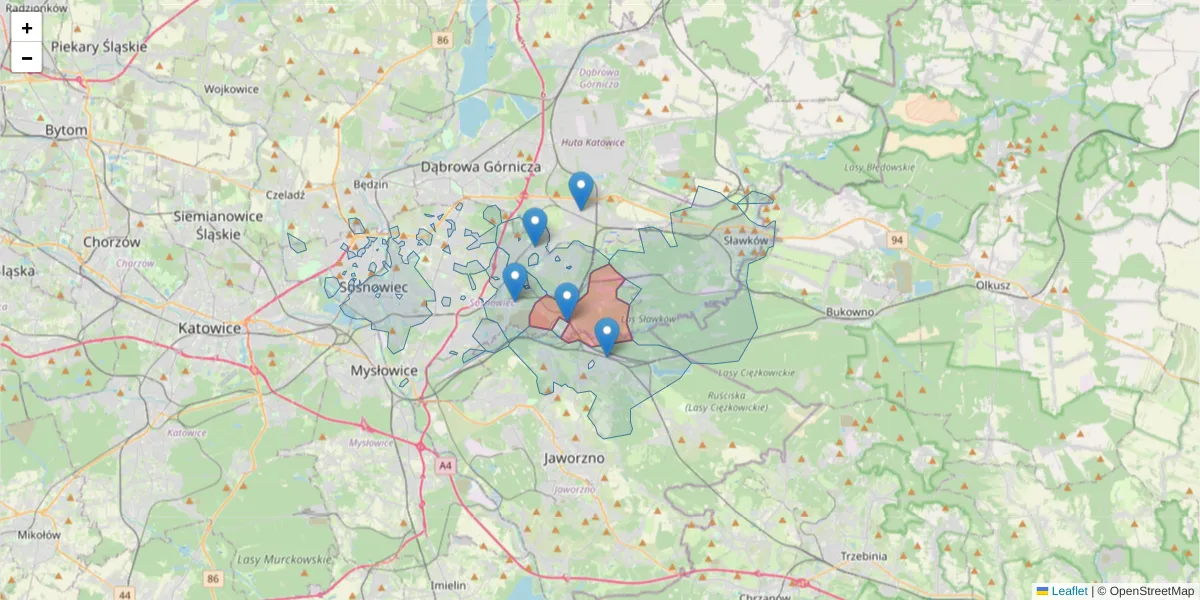 Szczegółowa mapa kodu pocztowego 41-217 z granicami, sąsiednimi kodami pocztowymi i urzędami pocztowymi