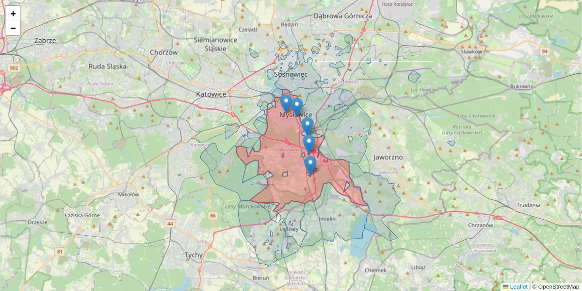 Szczegółowa mapa kodu pocztowego 41-400 z granicami, sąsiednimi kodami pocztowymi i urzędami pocztowymi