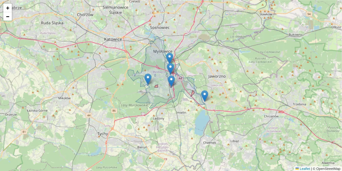 Szczegółowa mapa kodu pocztowego 41-409 z granicami, sąsiednimi kodami pocztowymi i urzędami pocztowymi