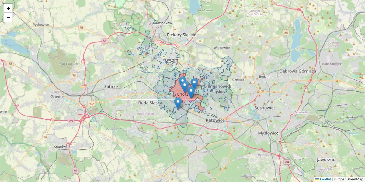 Szczegółowa mapa kodu pocztowego 41-500 z granicami, sąsiednimi kodami pocztowymi i urzędami pocztowymi