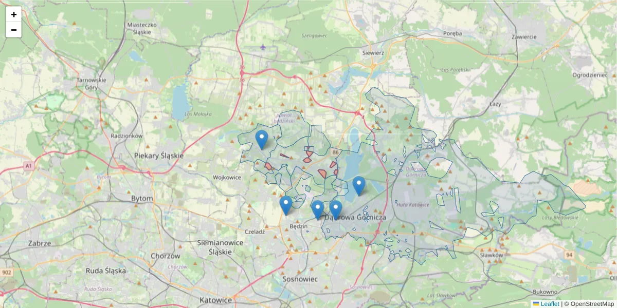 Szczegółowa mapa kodu pocztowego 41-512 z granicami, sąsiednimi kodami pocztowymi i urzędami pocztowymi