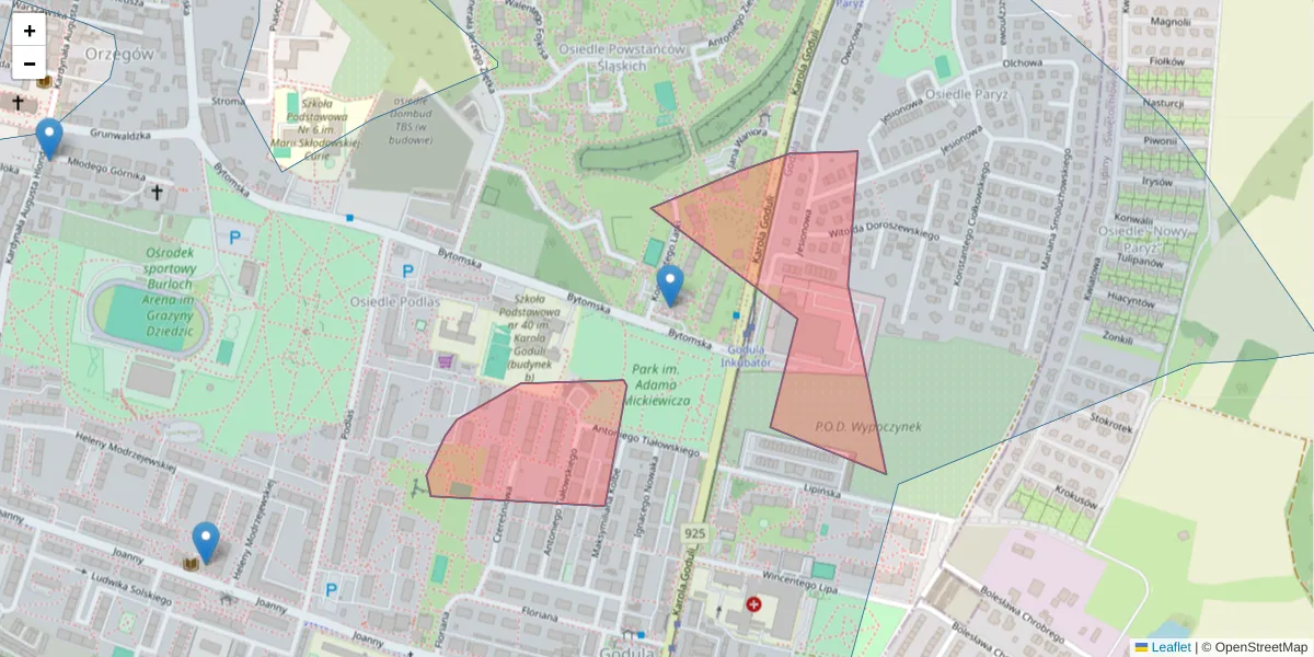 Szczegółowa mapa kodu pocztowego 41-703 z granicami, sąsiednimi kodami pocztowymi i urzędami pocztowymi