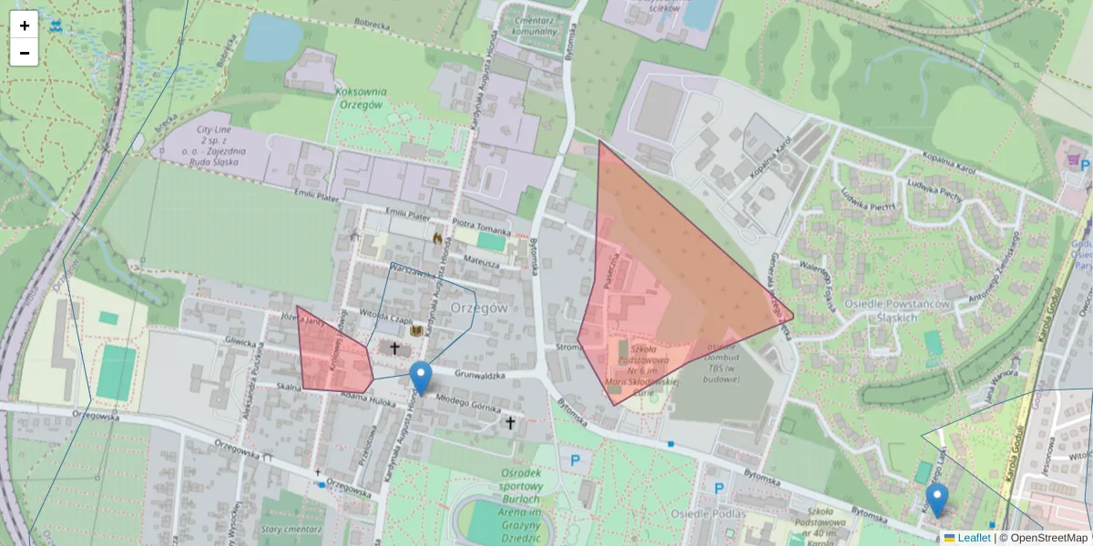 Szczegółowa mapa kodu pocztowego 41-704 z granicami, sąsiednimi kodami pocztowymi i urzędami pocztowymi