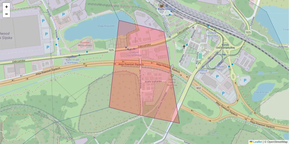 Szczegółowa mapa kodu pocztowego 41-708 z granicami, sąsiednimi kodami pocztowymi i urzędami pocztowymi