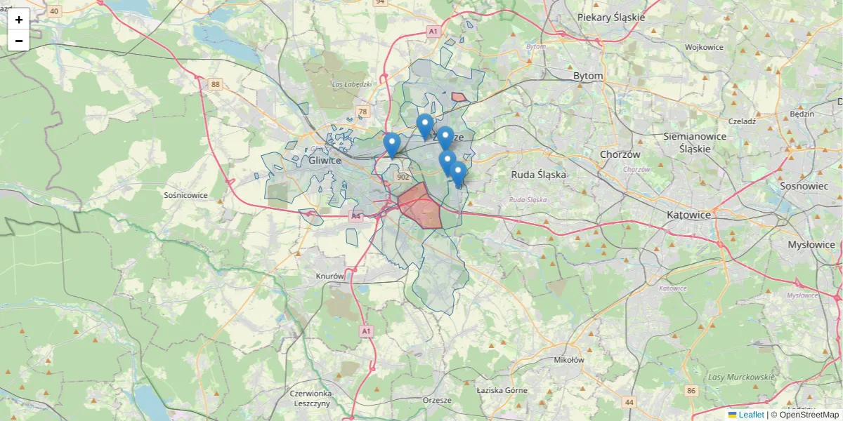 Szczegółowa mapa kodu pocztowego 41-811 z granicami, sąsiednimi kodami pocztowymi i urzędami pocztowymi