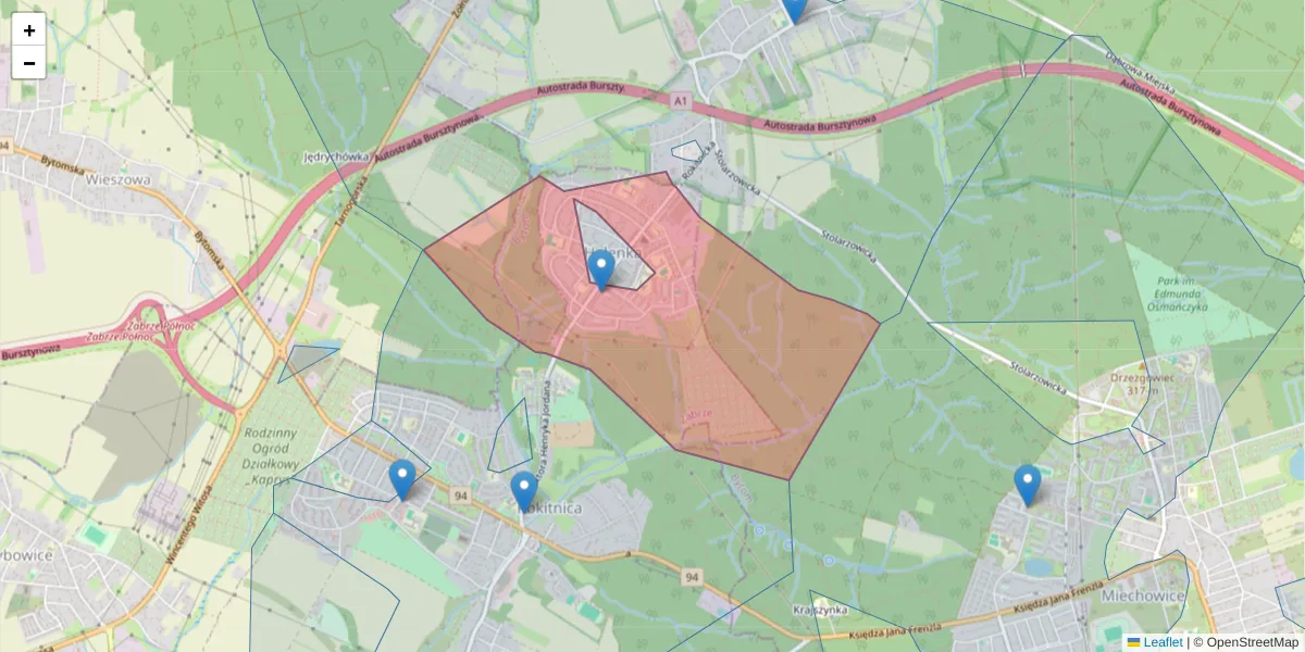 Szczegółowa mapa kodu pocztowego 41-813 z granicami, sąsiednimi kodami pocztowymi i urzędami pocztowymi