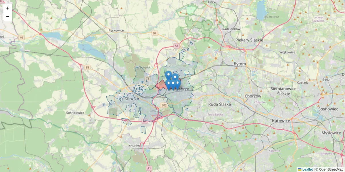 Szczegółowa mapa kodu pocztowego 41-819 z granicami, sąsiednimi kodami pocztowymi i urzędami pocztowymi