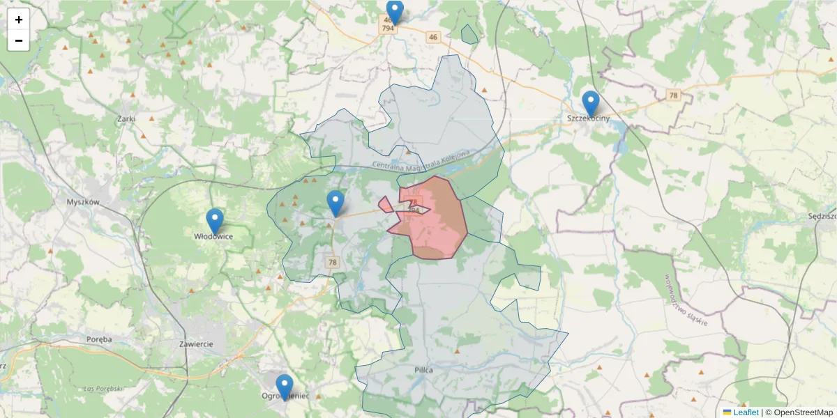 Szczegółowa mapa kodu pocztowego 42-427 z granicami, sąsiednimi kodami pocztowymi i urzędami pocztowymi