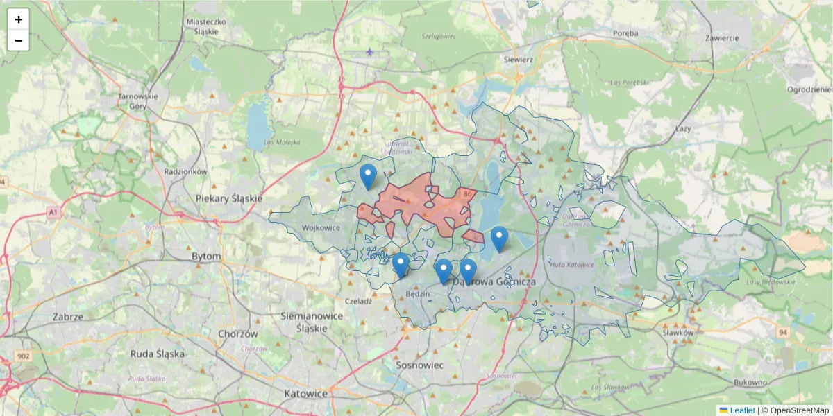 Szczegółowa mapa kodu pocztowego 42-512 z granicami, sąsiednimi kodami pocztowymi i urzędami pocztowymi