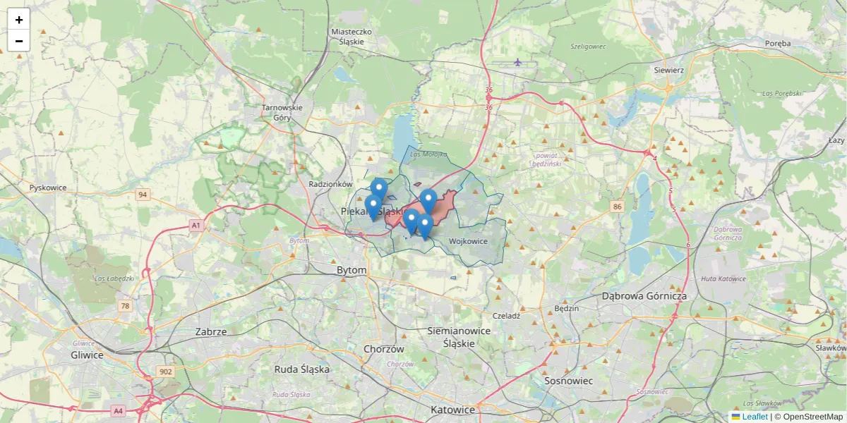 Szczegółowa mapa kodu pocztowego 42-583 z granicami, sąsiednimi kodami pocztowymi i urzędami pocztowymi