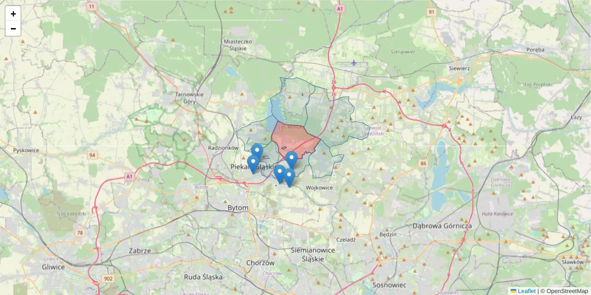 Szczegółowa mapa kodu pocztowego 42-584 z granicami, sąsiednimi kodami pocztowymi i urzędami pocztowymi