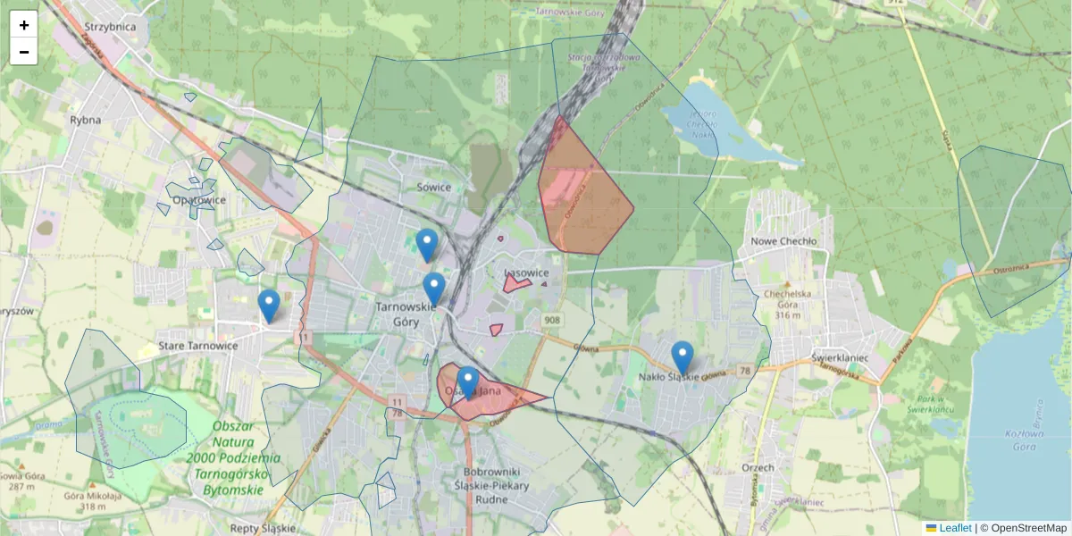 Szczegółowa mapa kodu pocztowego 42-606 z granicami, sąsiednimi kodami pocztowymi i urzędami pocztowymi