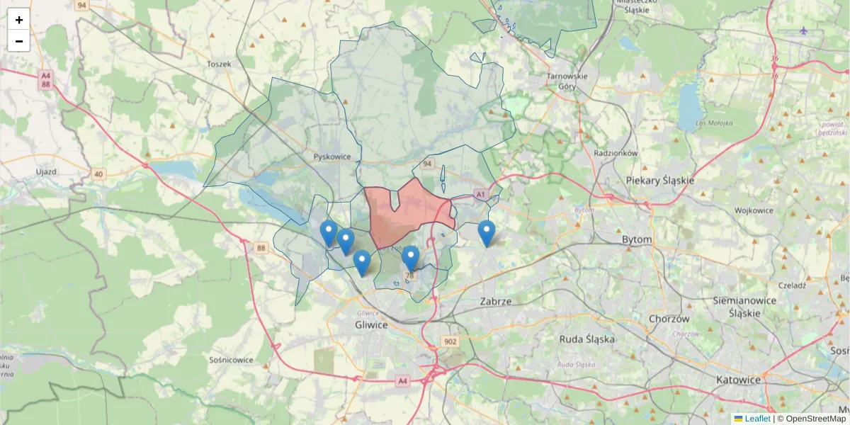 Szczegółowa mapa kodu pocztowego 42-675 z granicami, sąsiednimi kodami pocztowymi i urzędami pocztowymi