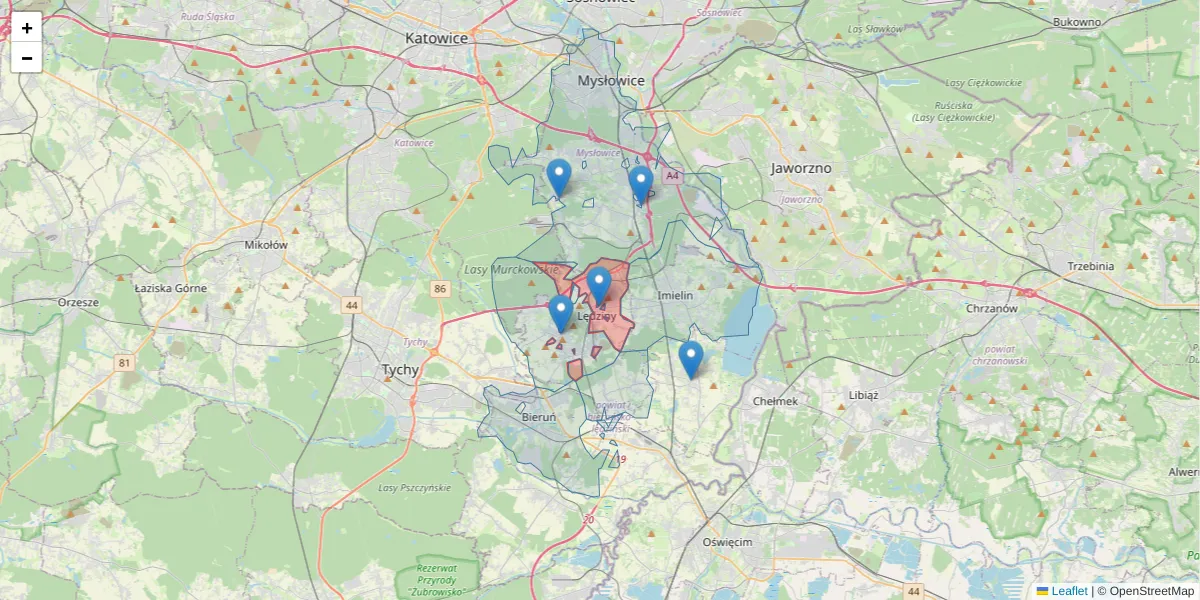 Szczegółowa mapa kodu pocztowego 43-143 z granicami, sąsiednimi kodami pocztowymi i urzędami pocztowymi