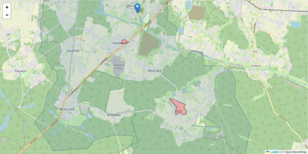 Szczegółowa mapa kodu pocztowego 43-186 z granicami, sąsiednimi kodami pocztowymi i urzędami pocztowymi