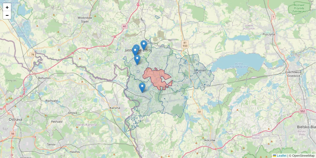 Szczegółowa mapa kodu pocztowego 43-253 z granicami, sąsiednimi kodami pocztowymi i urzędami pocztowymi