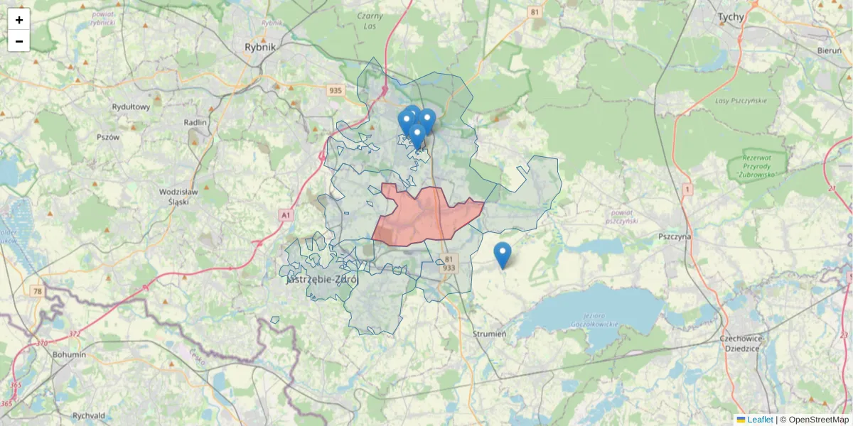Szczegółowa mapa kodu pocztowego 43-254 z granicami, sąsiednimi kodami pocztowymi i urzędami pocztowymi