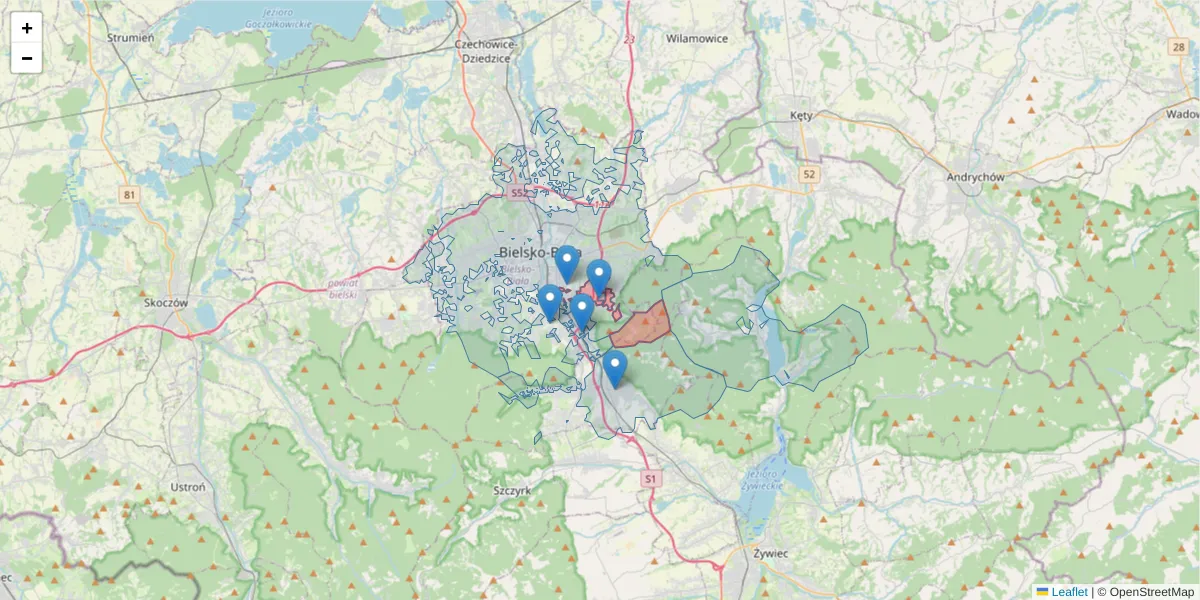 Szczegółowa mapa kodu pocztowego 43-318 z granicami, sąsiednimi kodami pocztowymi i urzędami pocztowymi