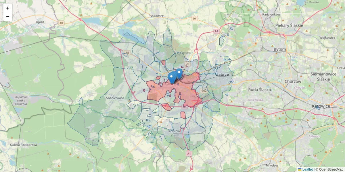 Szczegółowa mapa kodu pocztowego 44-100 z granicami, sąsiednimi kodami pocztowymi i urzędami pocztowymi
