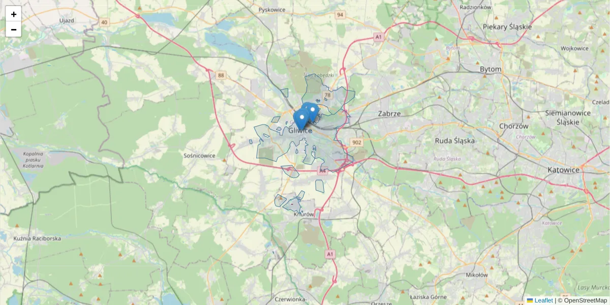 Szczegółowa mapa kodu pocztowego 44-104 z granicami, sąsiednimi kodami pocztowymi i urzędami pocztowymi