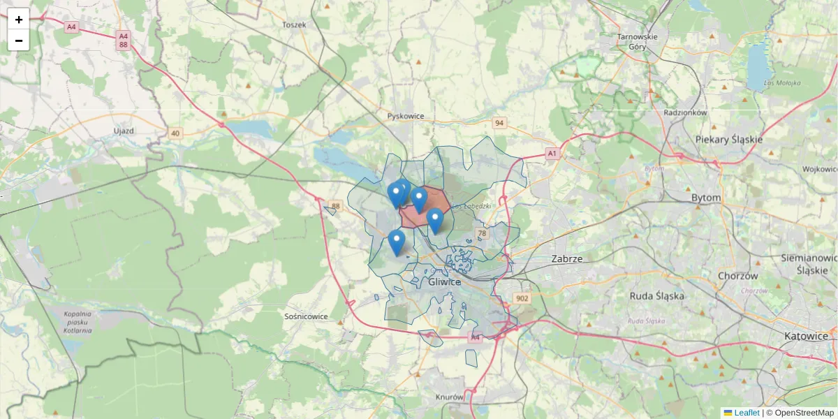 Szczegółowa mapa kodu pocztowego 44-113 z granicami, sąsiednimi kodami pocztowymi i urzędami pocztowymi