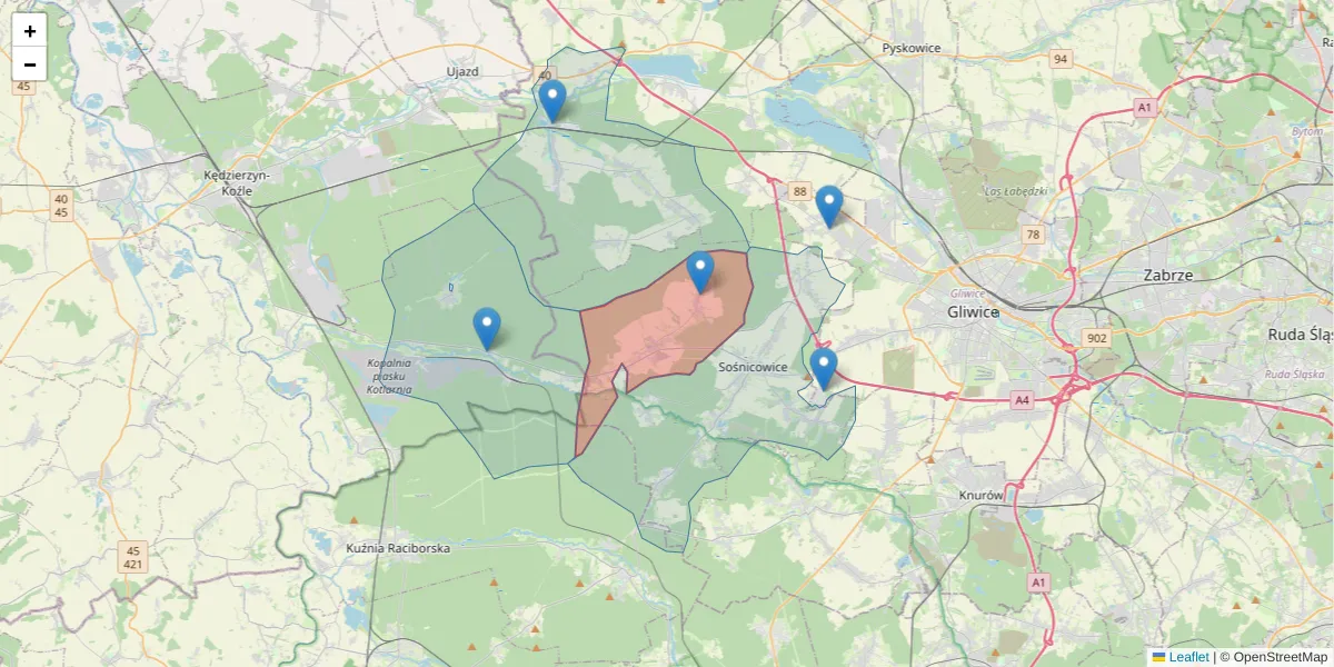 Szczegółowa mapa kodu pocztowego 44-156 z granicami, sąsiednimi kodami pocztowymi i urzędami pocztowymi