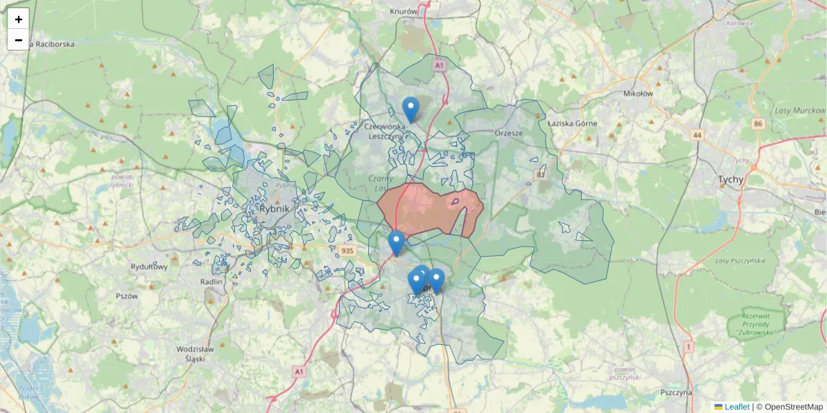 Szczegółowa mapa kodu pocztowego 44-246 z granicami, sąsiednimi kodami pocztowymi i urzędami pocztowymi