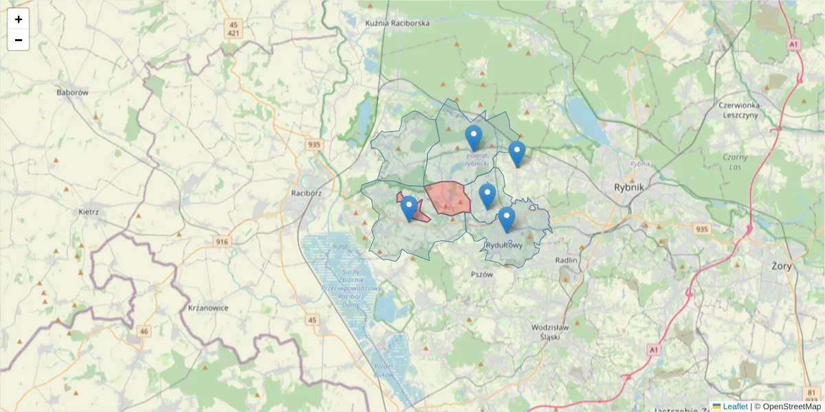 Szczegółowa mapa kodu pocztowego 44-284 z granicami, sąsiednimi kodami pocztowymi i urzędami pocztowymi