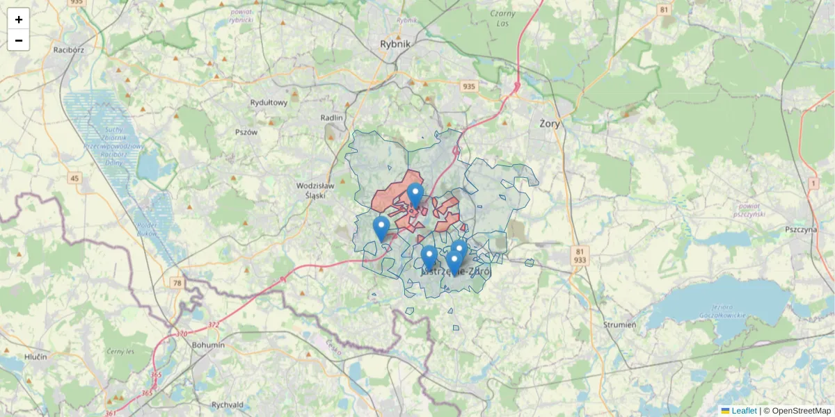 Szczegółowa mapa kodu pocztowego 44-323 z granicami, sąsiednimi kodami pocztowymi i urzędami pocztowymi