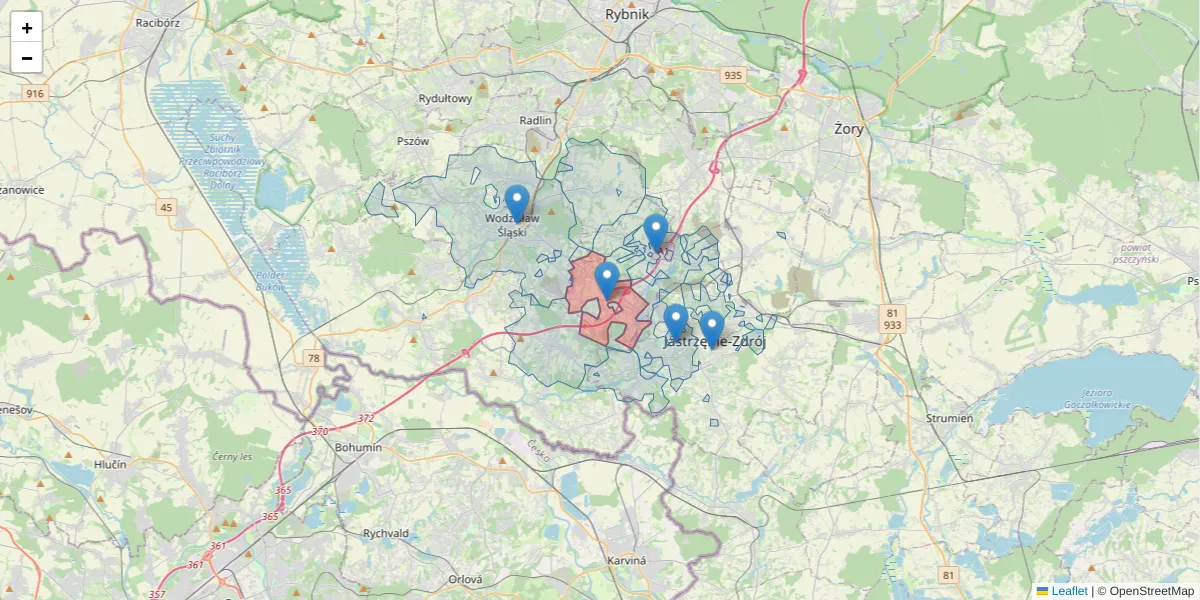 Szczegółowa mapa kodu pocztowego 44-325 z granicami, sąsiednimi kodami pocztowymi i urzędami pocztowymi