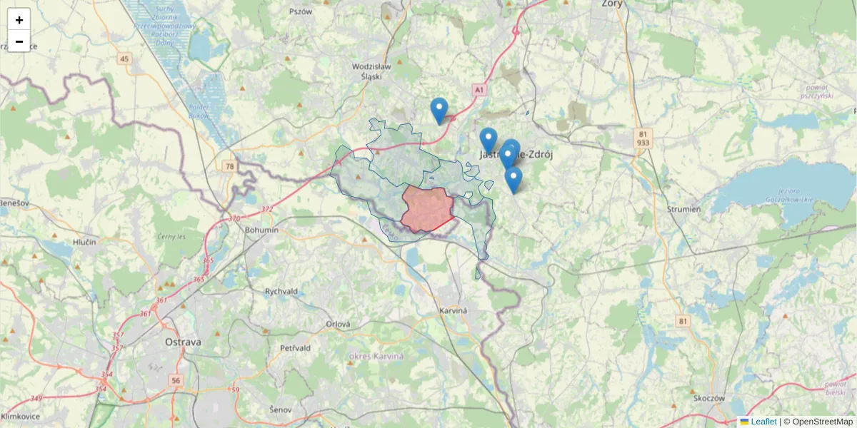 Szczegółowa mapa kodu pocztowego 44-341 z granicami, sąsiednimi kodami pocztowymi i urzędami pocztowymi