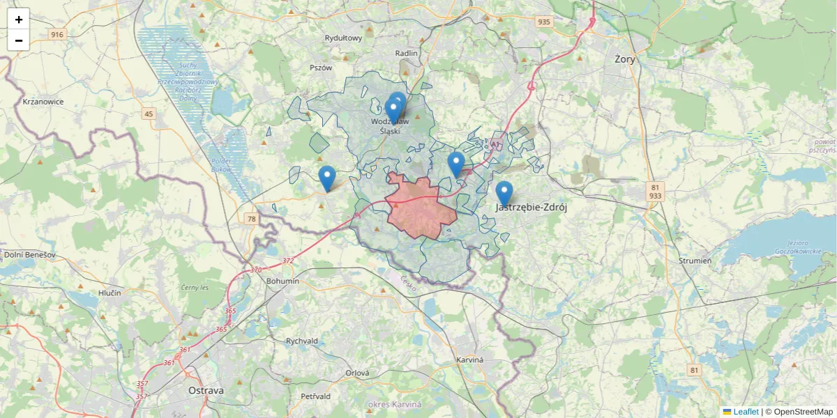 Szczegółowa mapa kodu pocztowego 44-348 z granicami, sąsiednimi kodami pocztowymi i urzędami pocztowymi