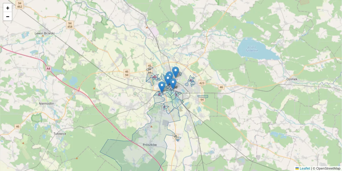 Szczegółowa mapa kodu pocztowego 45-001 z granicami, sąsiednimi kodami pocztowymi i urzędami pocztowymi