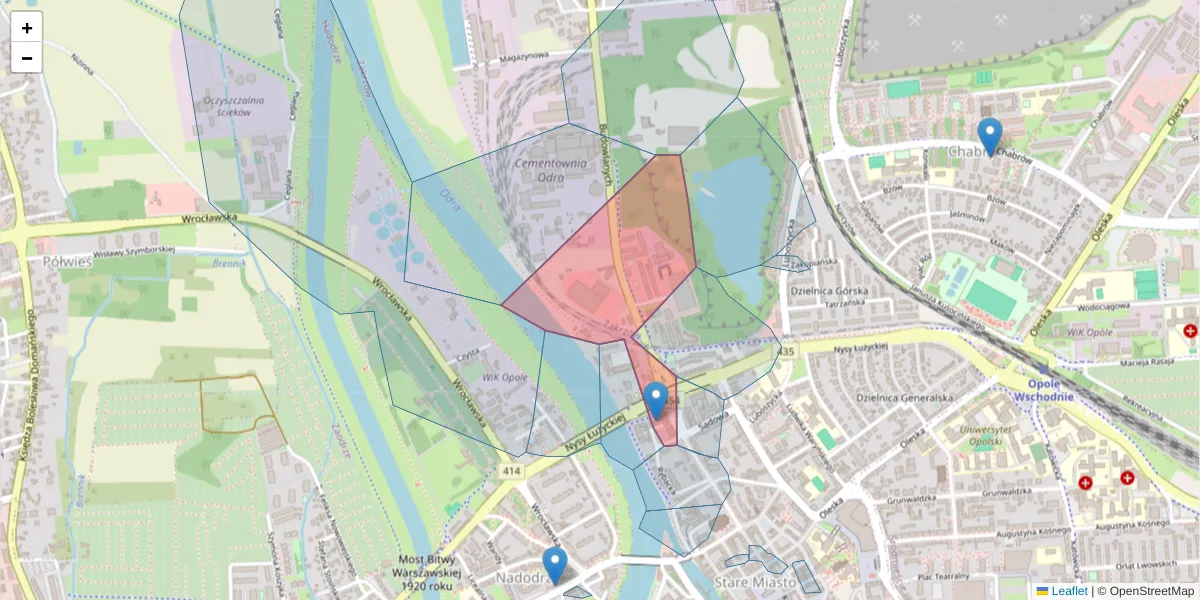 Szczegółowa mapa kodu pocztowego 45-005 z granicami, sąsiednimi kodami pocztowymi i urzędami pocztowymi