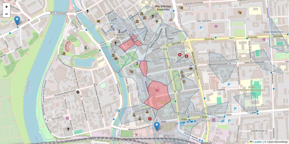 Szczegółowa mapa kodu pocztowego 45-018 z granicami, sąsiednimi kodami pocztowymi i urzędami pocztowymi