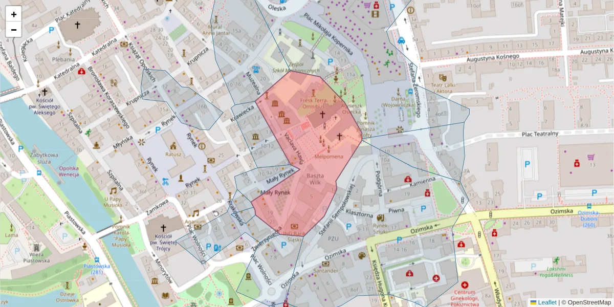 Szczegółowa mapa kodu pocztowego 45-020 z granicami, sąsiednimi kodami pocztowymi i urzędami pocztowymi
