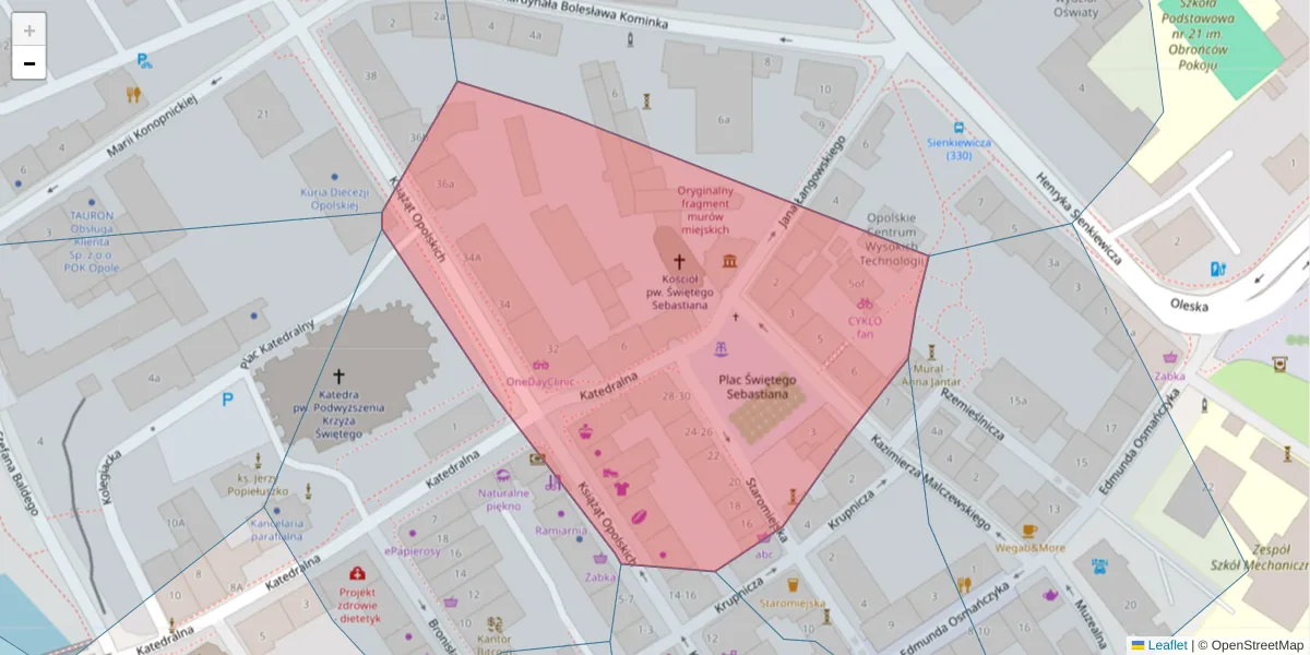Szczegółowa mapa kodu pocztowego 45-030 z granicami, sąsiednimi kodami pocztowymi i urzędami pocztowymi